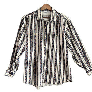 90s VTG Pinstriped Floral Button Up Southwestern RockaBilly Womans L/XL Cotton